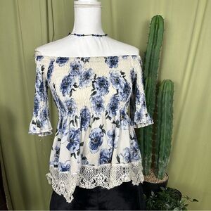 Floral Off-Shoulder Top Babydoll with Lace Trim